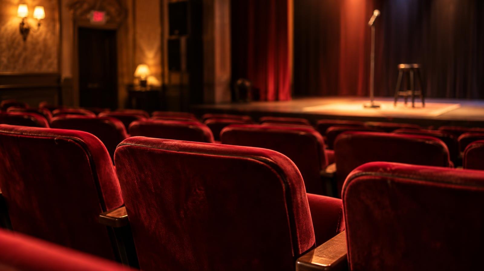 Rows of empty red velvet theater seats face a warmly lit stage.
