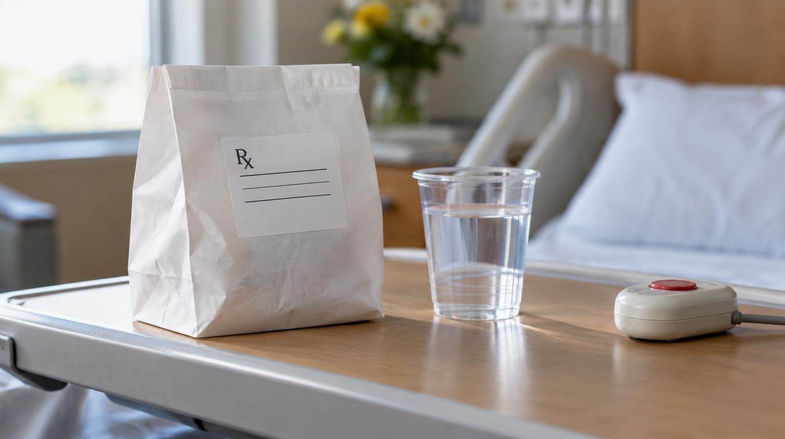 White prescription bag on a hospital bedside tray table beside a water cup.