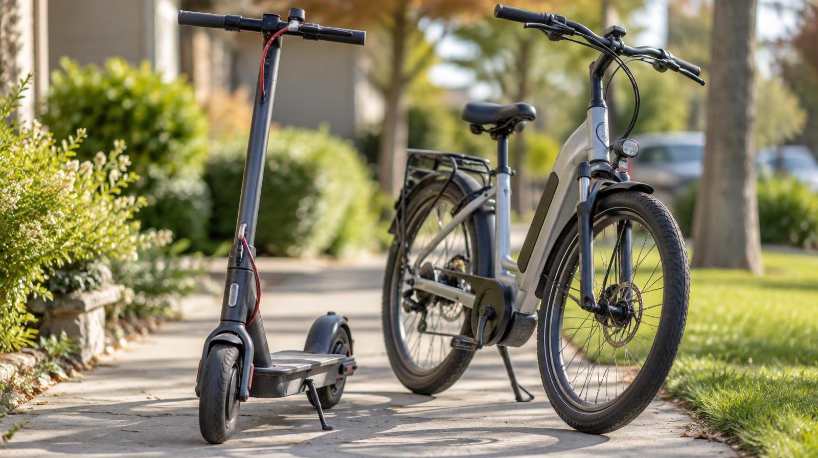 An electric scooter and an e-bike parked together on a paved sidewalk path.