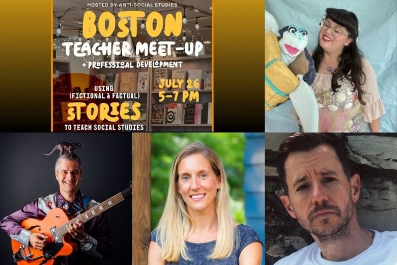 Promotional flyer showing four event presenters including a woman with a puppet and a man with a guitar.