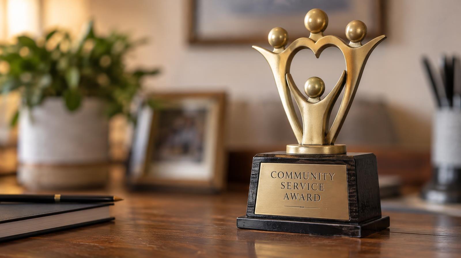 A shiny gold award trophy resting on a wooden surface.