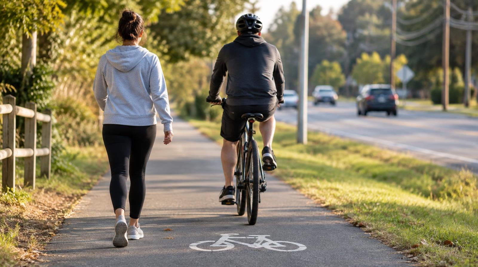 A paved multi-use path beside a suburban road with a bicycle symbol on the surface.