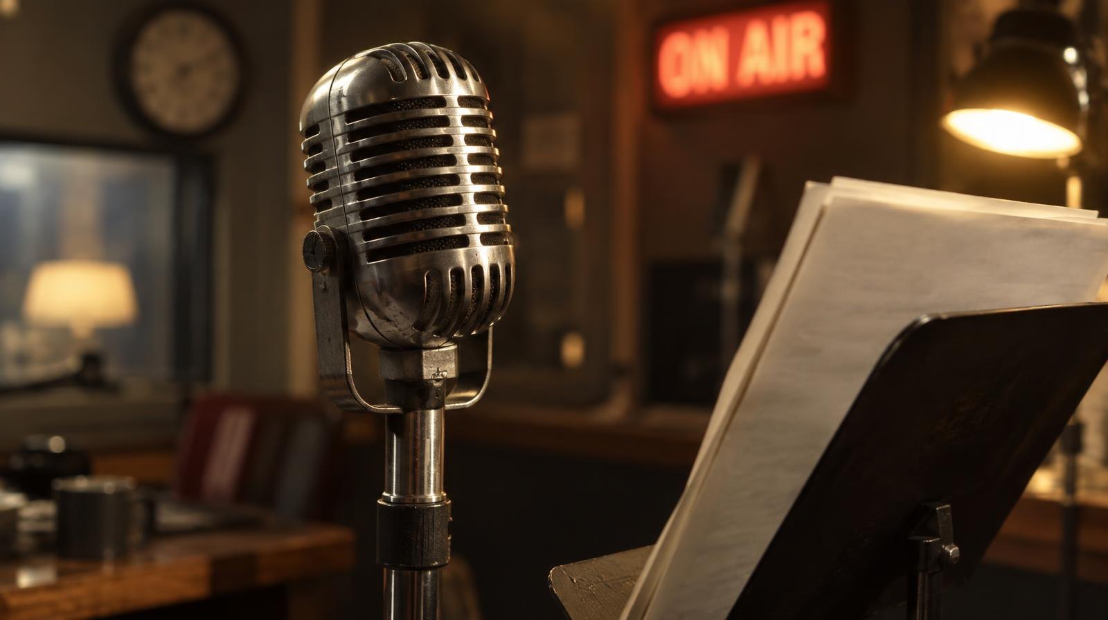 A vintage studio microphone on a stand next to a script on a music stand.