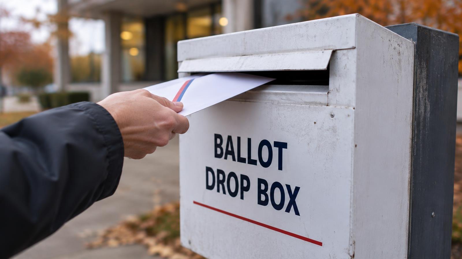 A ballot drop box on a post outdoors with a mail envelope being inserted into the slot.