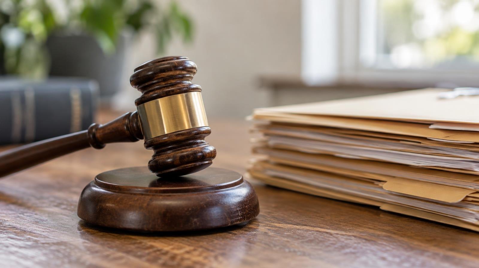 Wooden gavel on its sound block beside a stack of manila file folders.