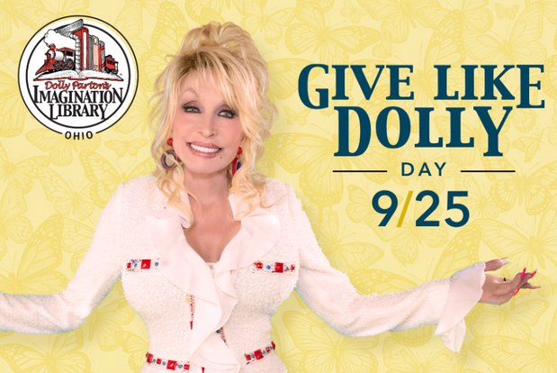 Promotional flyer for Give Like Dolly Day on September 25 with yellow background and Imagination Library logo.