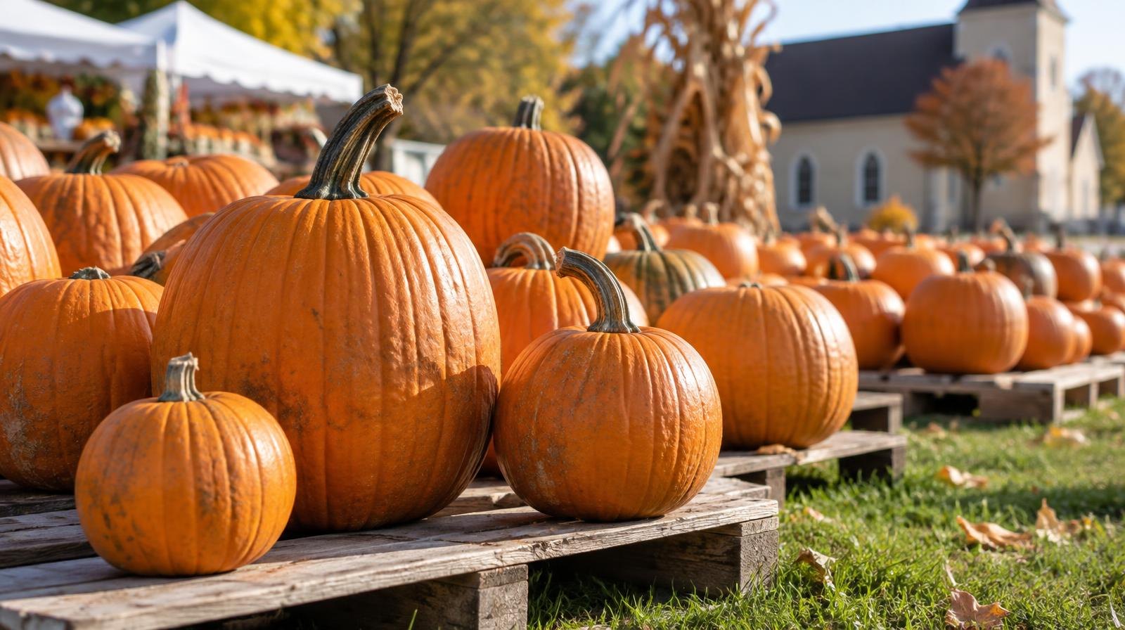 Rows of orange pumpkins of various sizes arranged on wooden pallets outdoors.