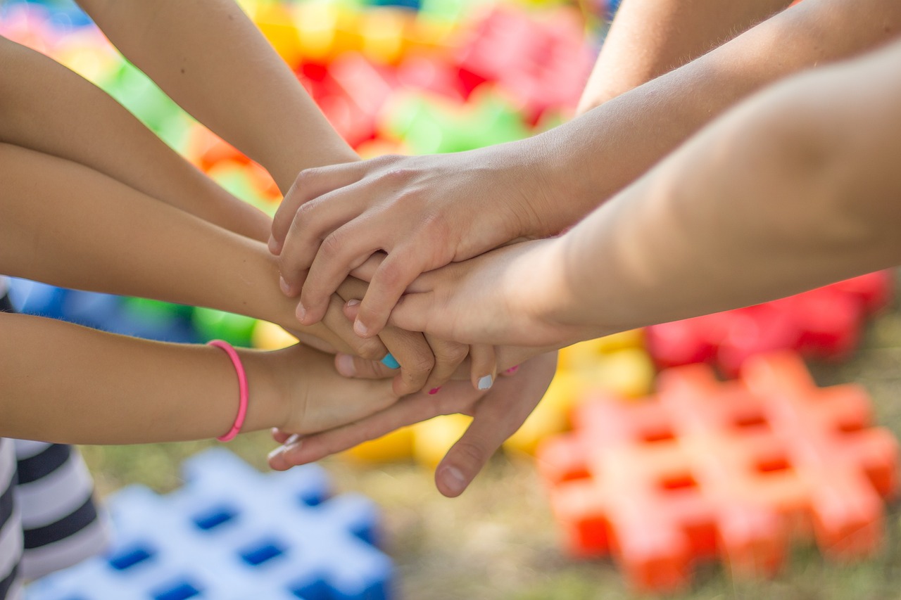 Hands, friendship, friends, children, child, childhood, joined hands, touch, group, together, family, cooperation, coope