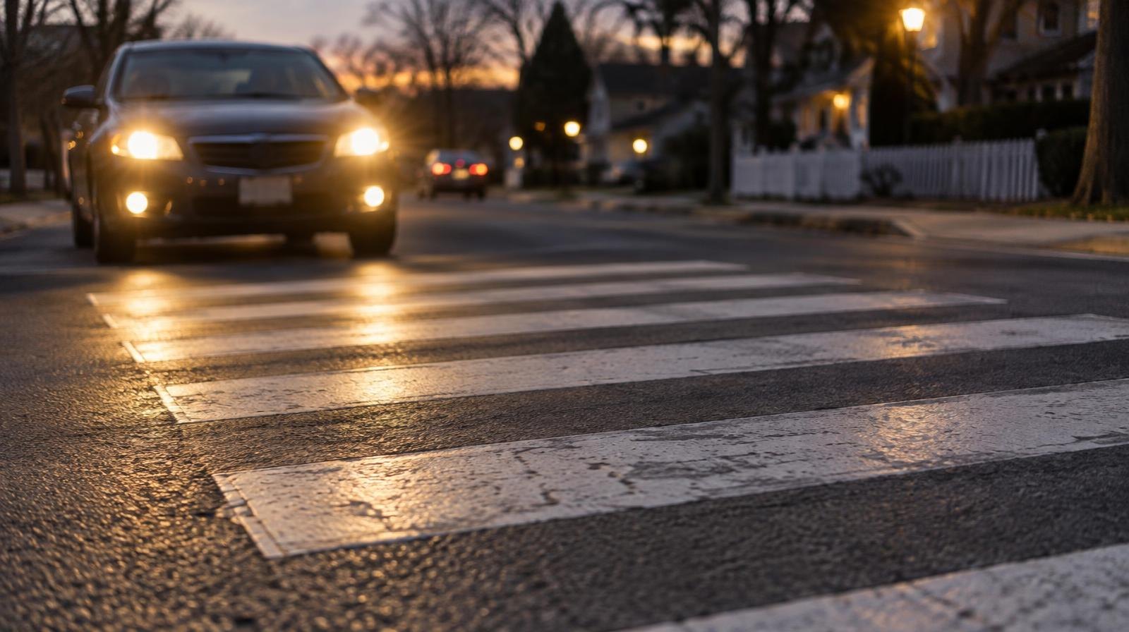 White crosswalk stripes on a road lit by car headlights at dusk.