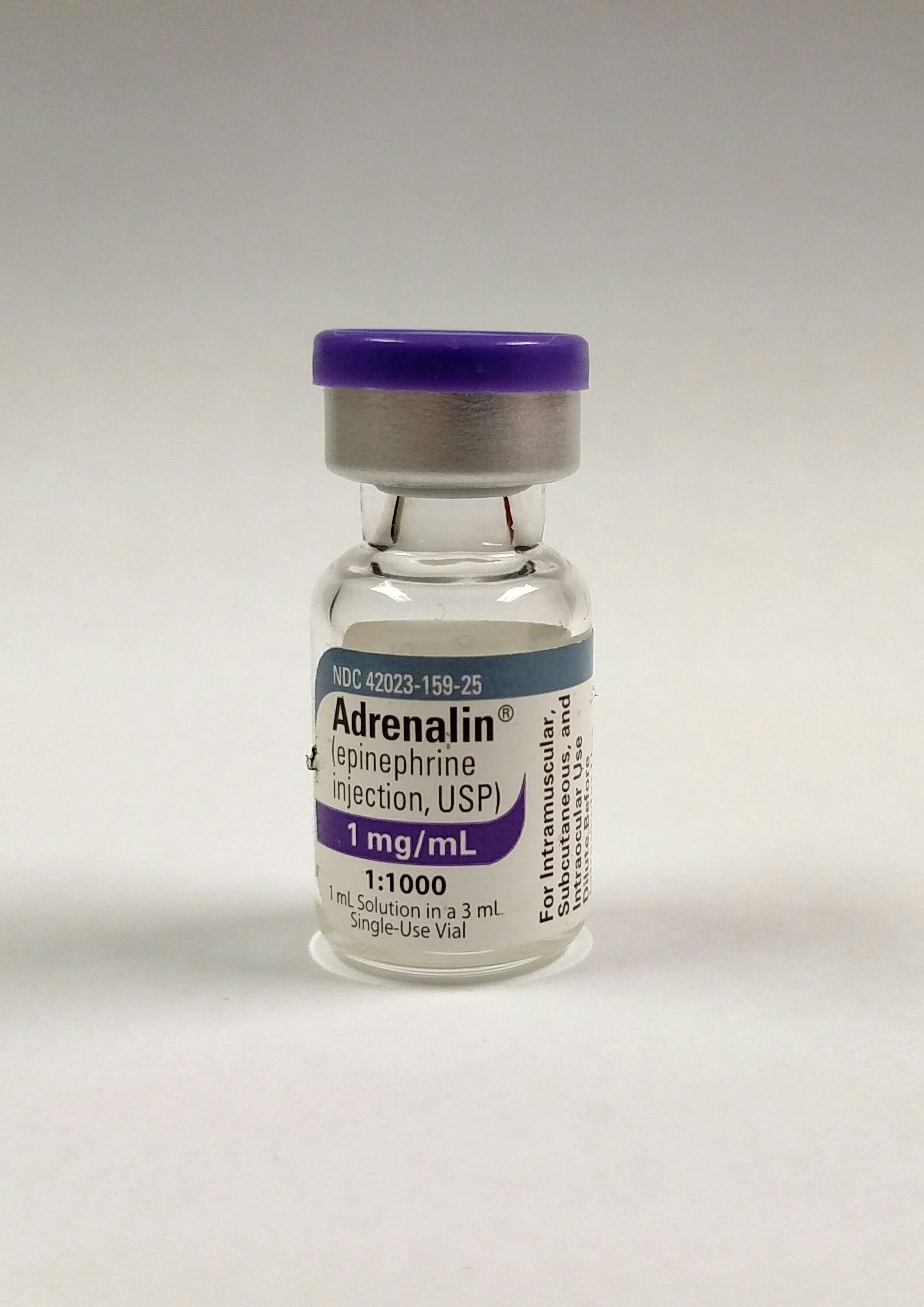Epinephrine 1:1000 preparation, single dose vial for intramuscular, subcutaneous, and intraocular use.