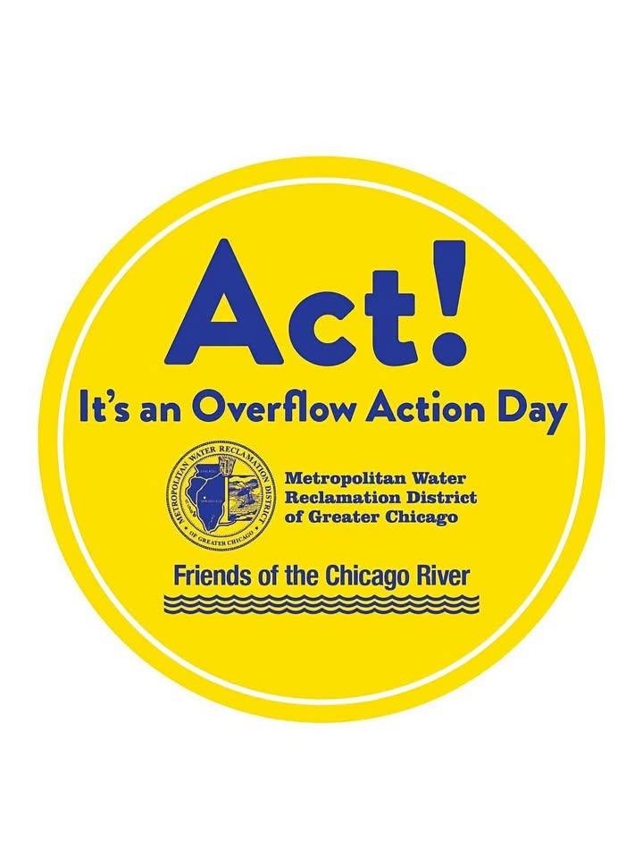 Circular yellow badge reading 'Act! It's an Overflow Action Day' with a water district seal.