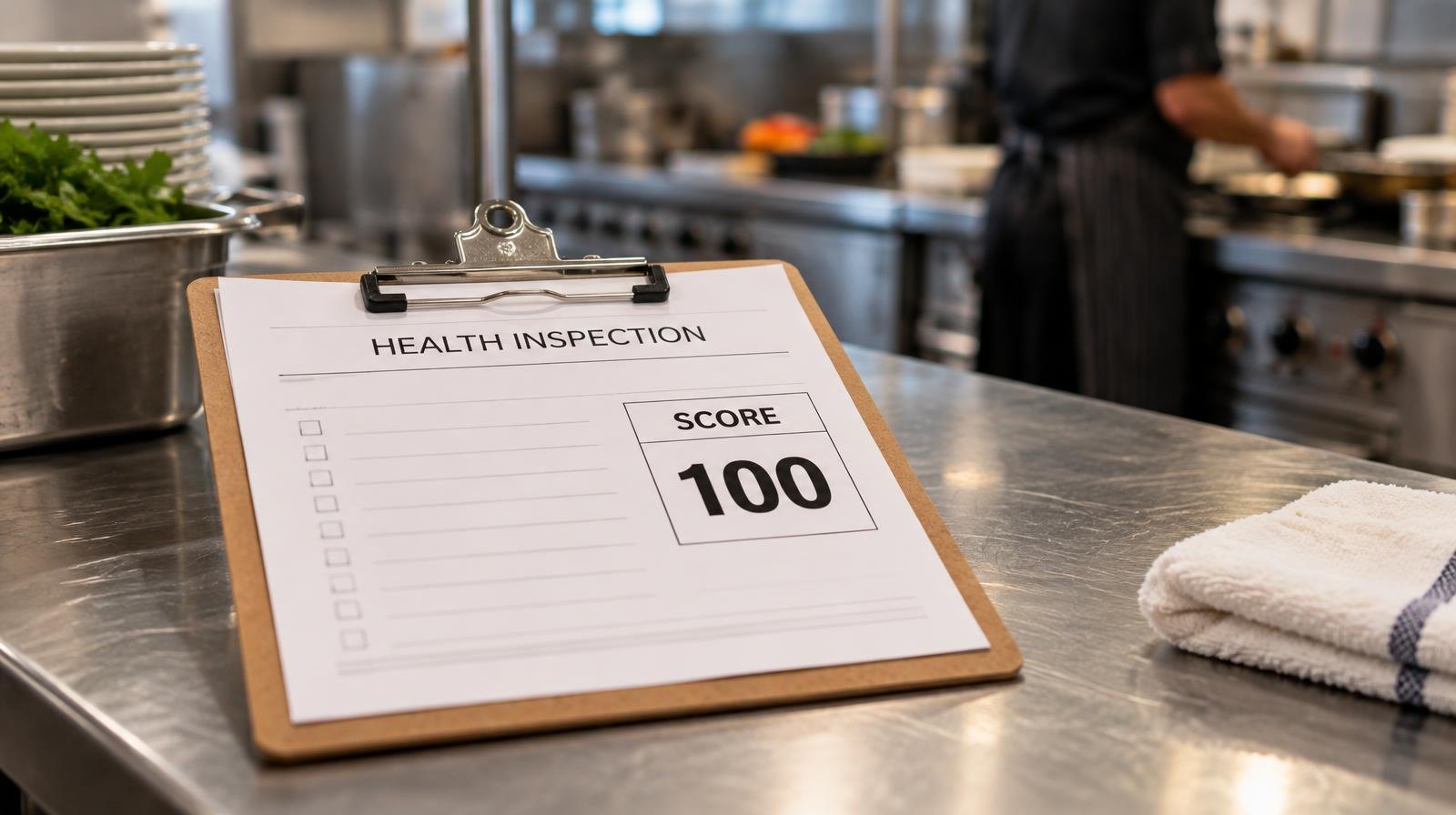 A health inspection scorecard on a stainless steel kitchen counter.