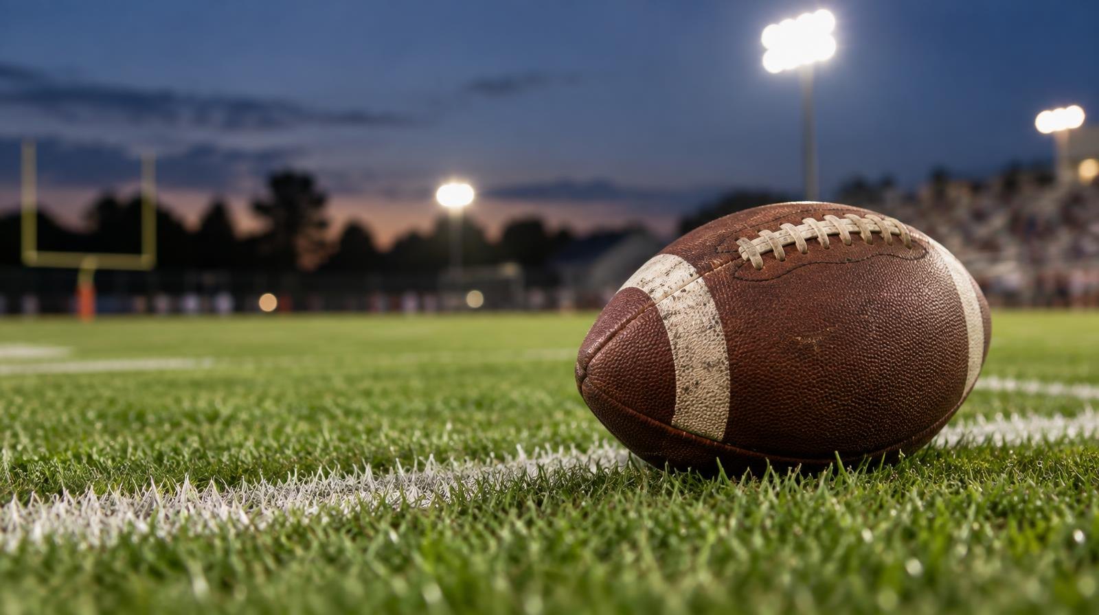 An American football resting on green grass near a white yard line under stadium lights.