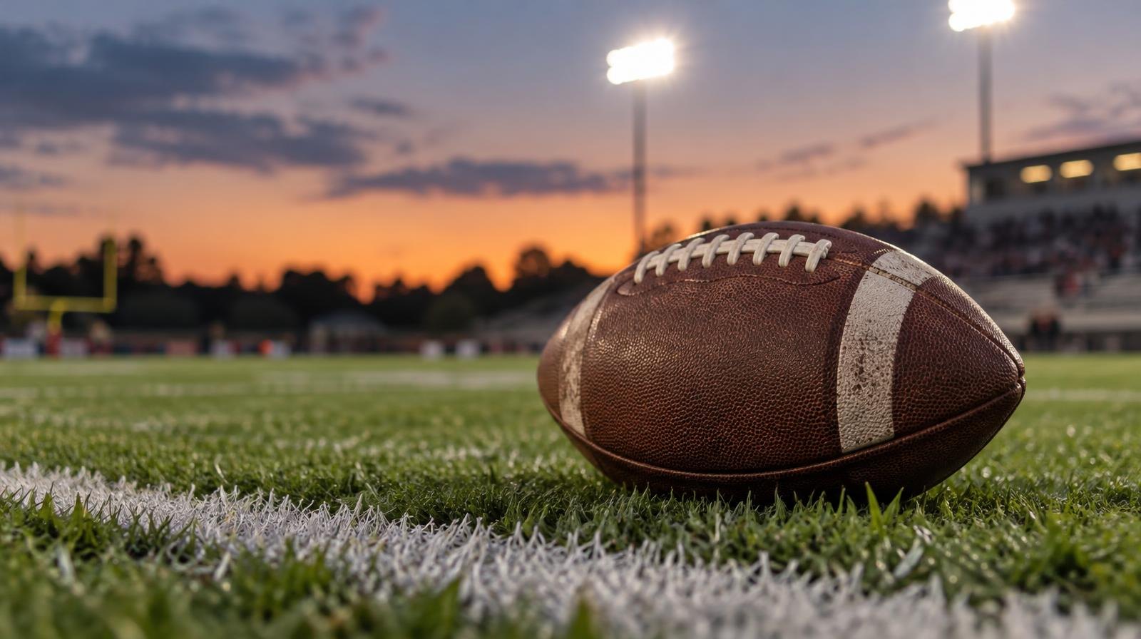 An American football resting on a grass field beside a white yard line with stadium lights glowing at dusk.