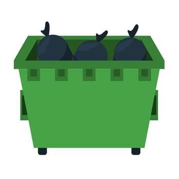 Illustration of a green commercial dumpster with black garbage bags inside.