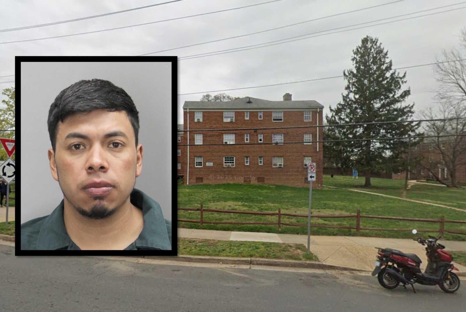 Mugshot of a man overlaid on a brick apartment building exterior.
