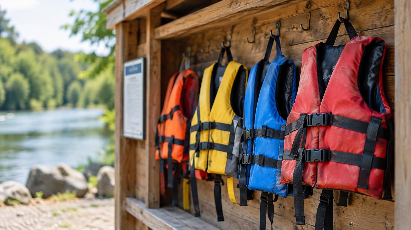 Colorful life jackets of various sizes hanging on hooks in an open wooden cabinet.