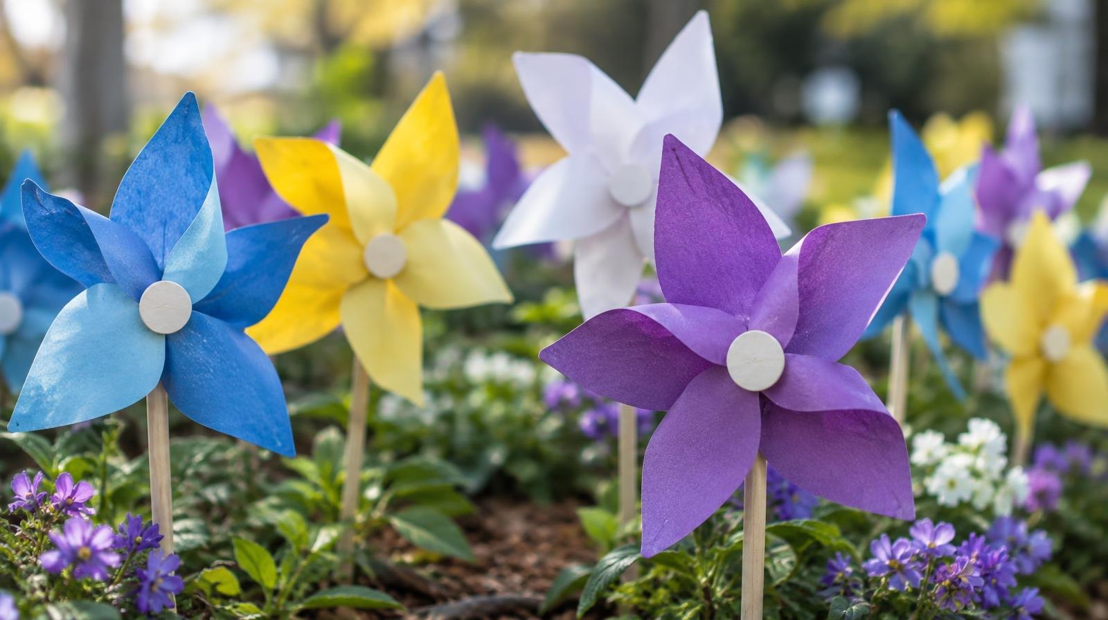 Colorful paper pinwheel flowers in purple, blue, yellow, and white arranged outdoors.