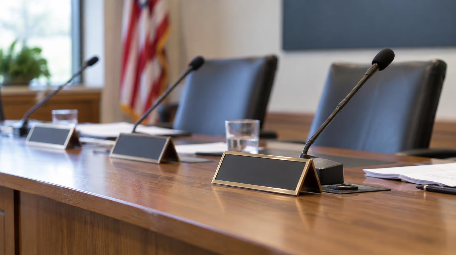 Empty meeting room with a long wooden table, microphones, and name placards.