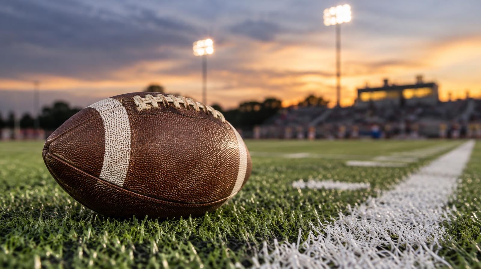 An American football resting on green artificial turf beside a white yard line.