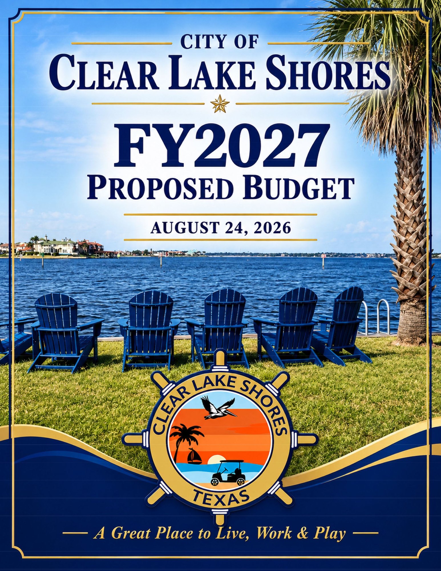 Cover page of the Clear Lake Shores FY2027 Proposed Budget document with city seal.