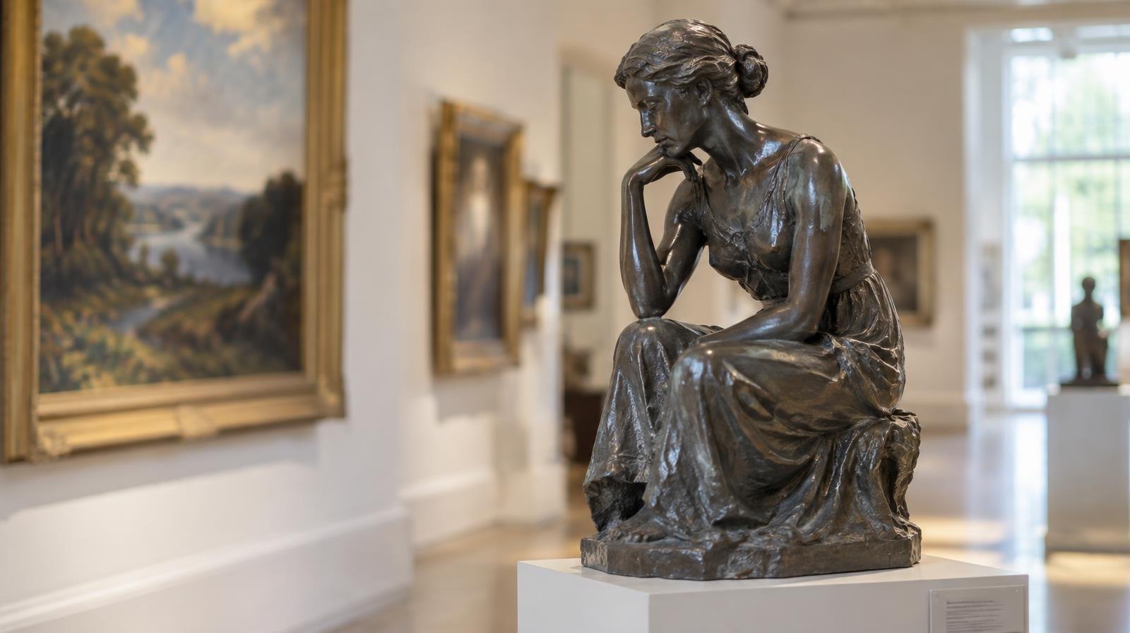 Gallery interior with framed paintings on white walls and a bronze sculpture on a pedestal.
