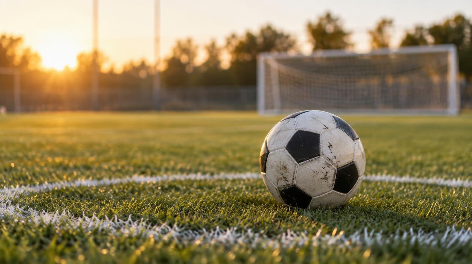 A soccer ball sits on the center circle of a green grass field with a goal in the distance.