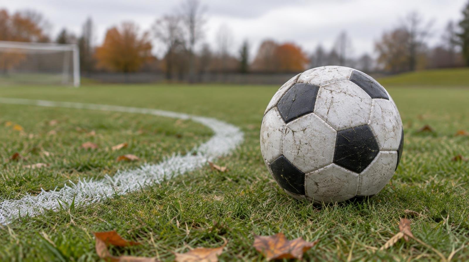 A soccer ball resting on a grass field near a painted white arc line.