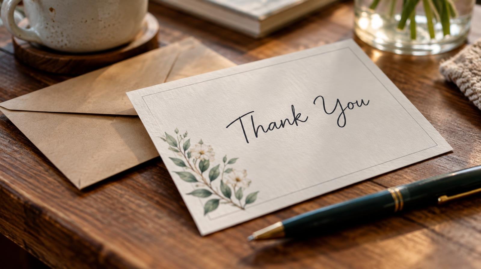 A handwritten thank-you card on a wooden table beside a pen and envelope.