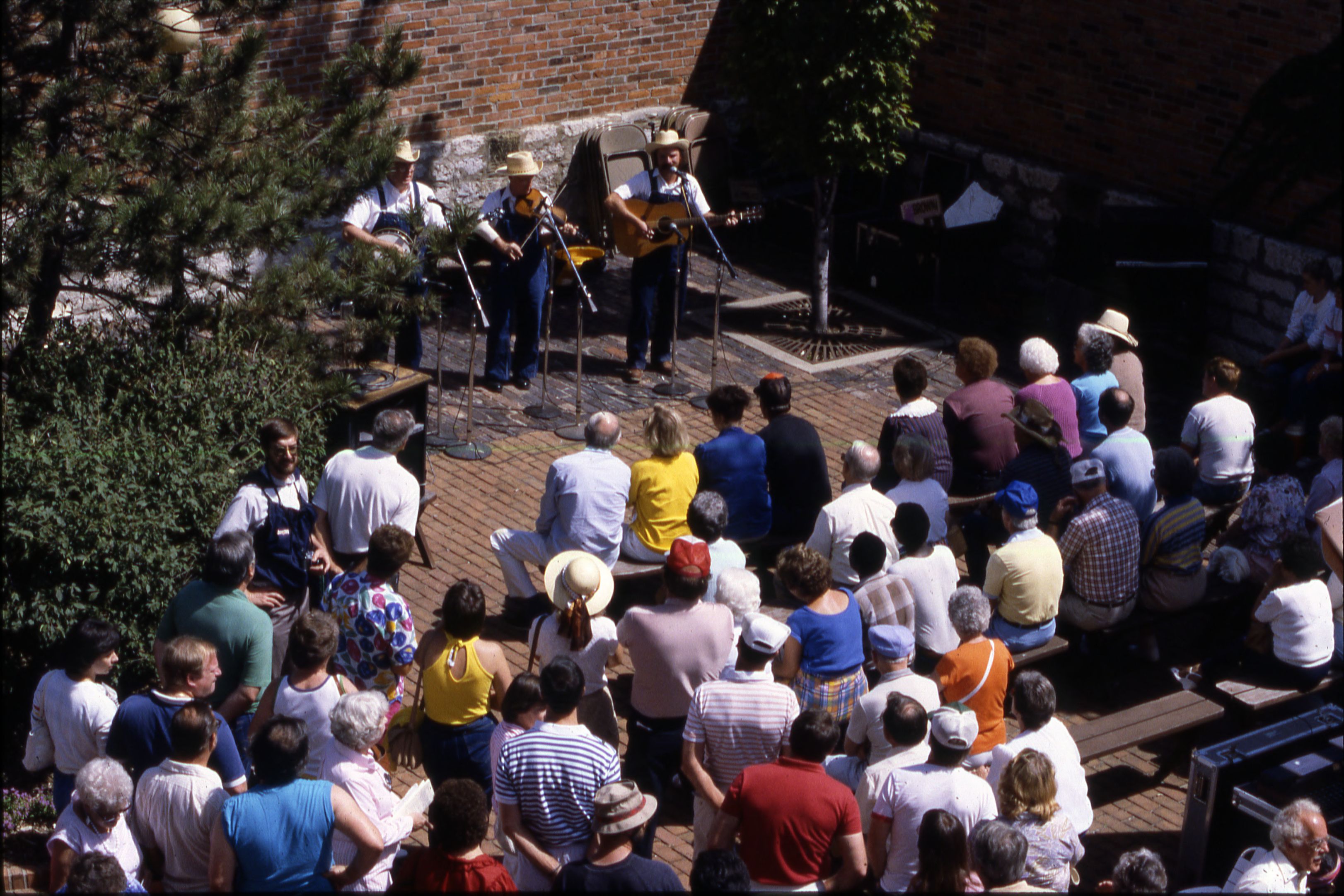 Three musicians in cowboy hats play string instruments on an outdoor stage before a large crowd.