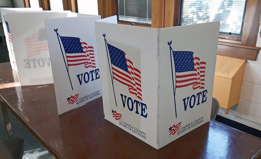 Voting carrels in the 2019 Ohio general election. These are used for people who must sit at a table when filling out their ballot.