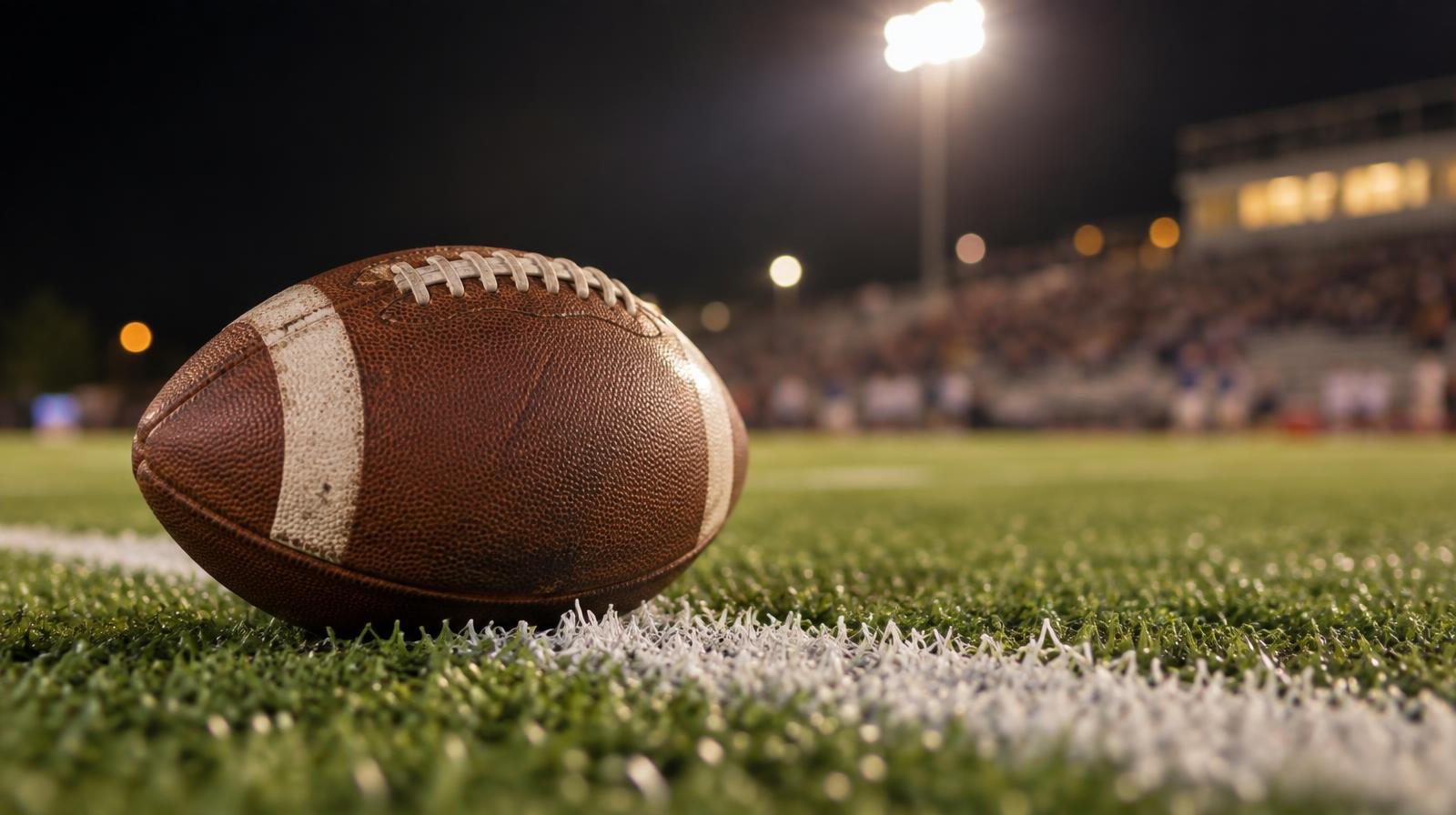 An American football on green artificial turf beside a white yard line under bright stadium lights.