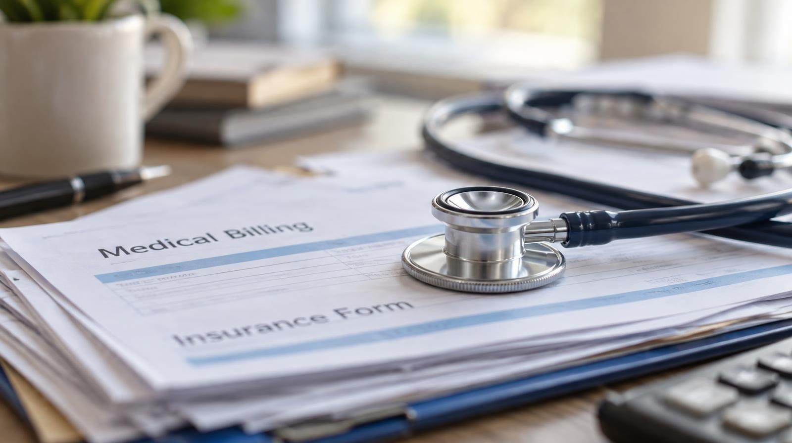 A stethoscope resting on a stack of papers on a desk.