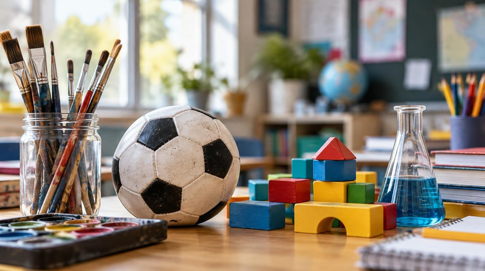 Art brushes, a soccer ball, building blocks, and a science beaker arranged on a wooden table.