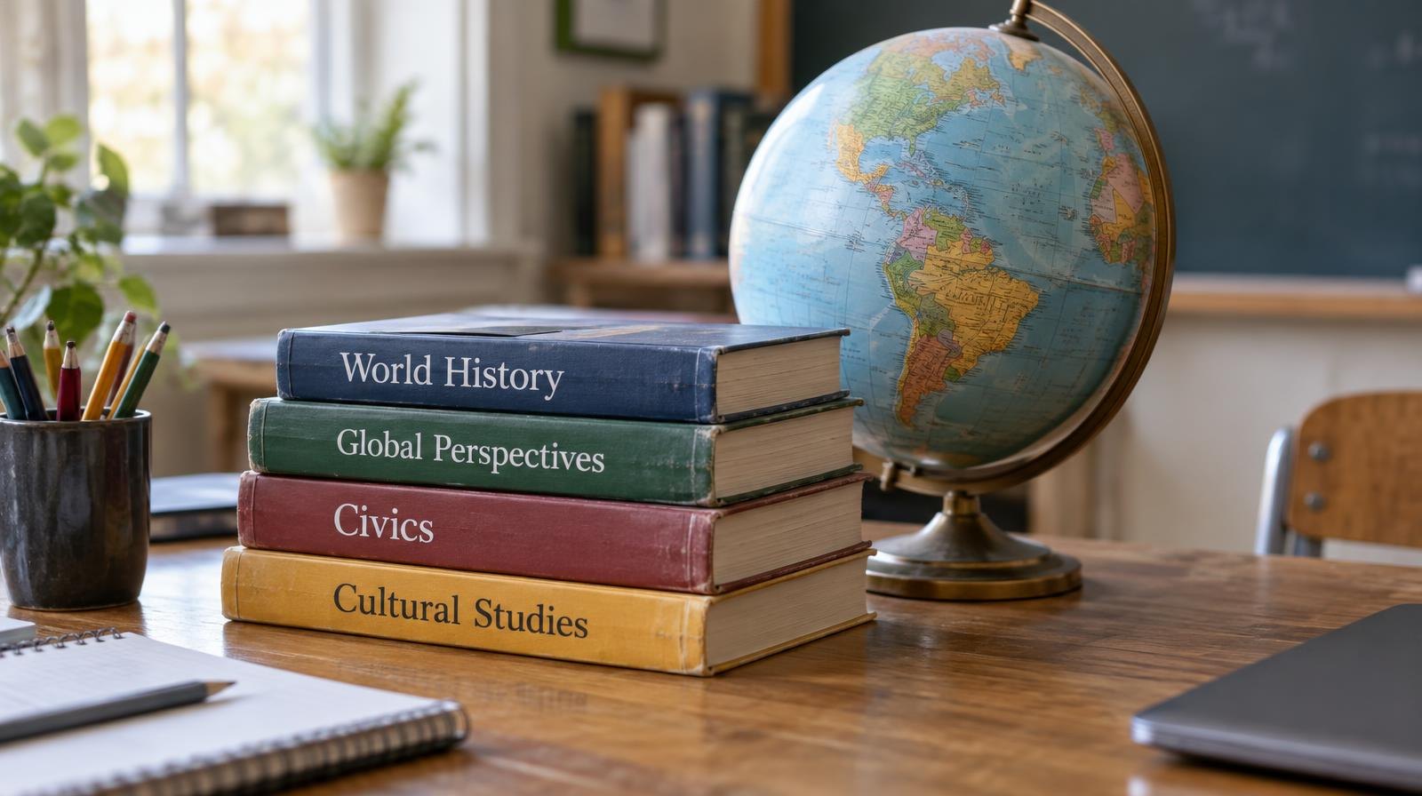 Stack of colorful textbooks and a globe on a wooden school desk.