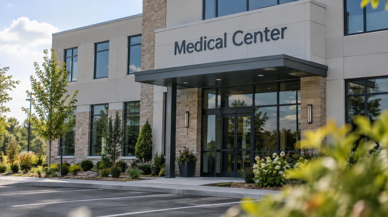 Two-story medical office building with landscaped entrance and parking lot.