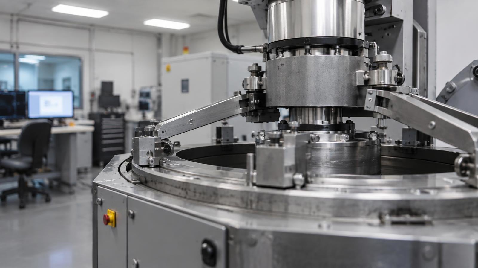 Large industrial centrifuge machine with metal housing inside a bright laboratory.