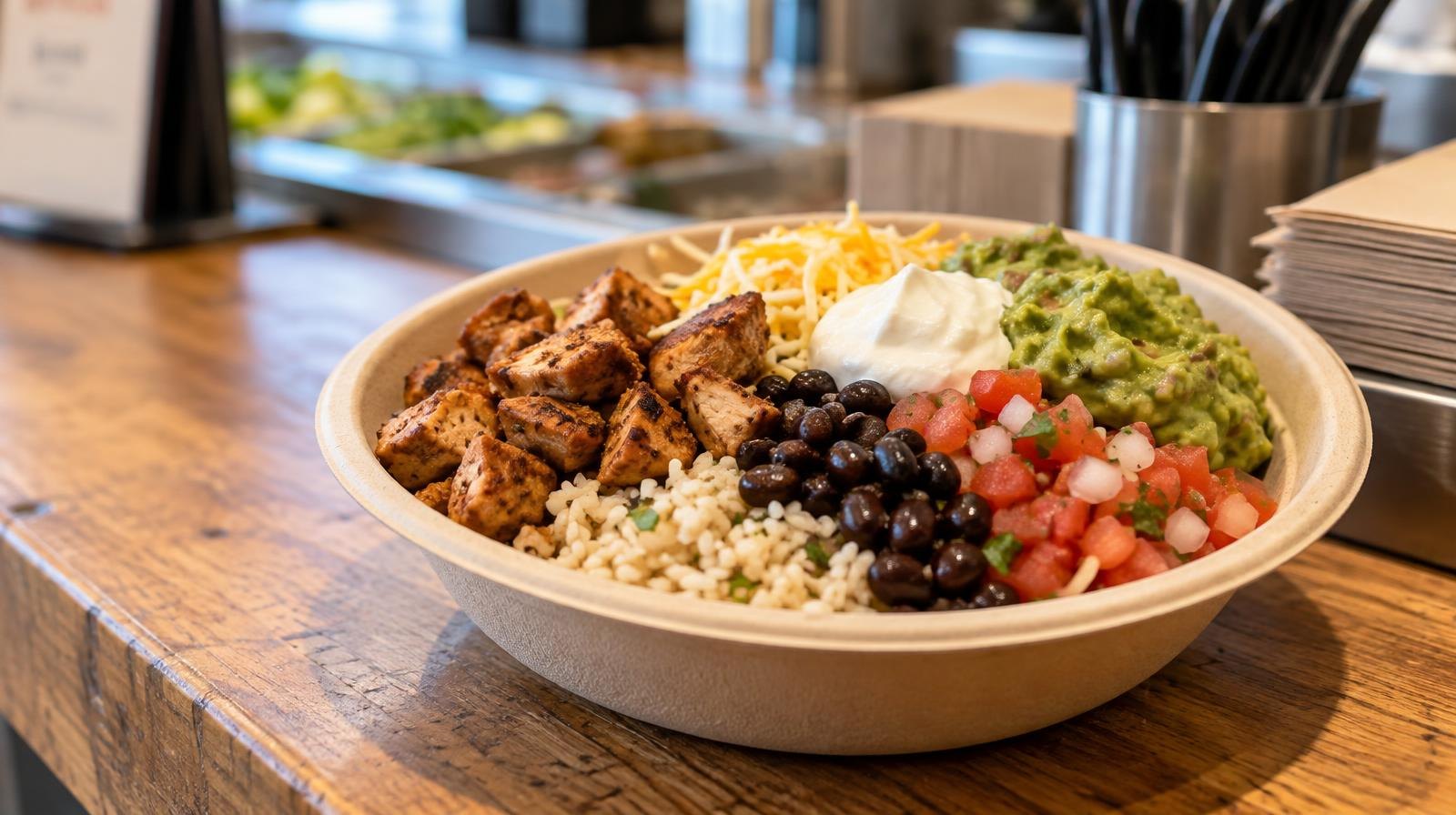 A burrito bowl with chicken, rice, beans, and fresh toppings in a paper bowl.