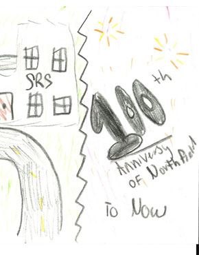 Child's pencil drawing of a building labeled SRS with fireworks and centennial anniversary text.