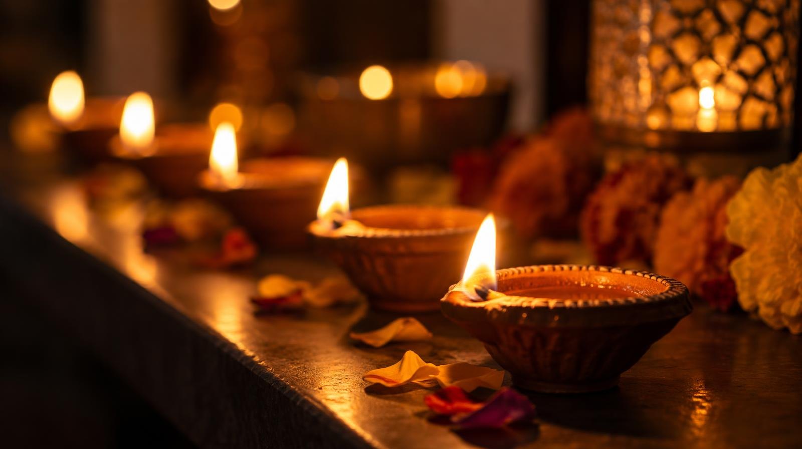 A row of small glowing clay oil lamps arranged in a decorative pattern.
