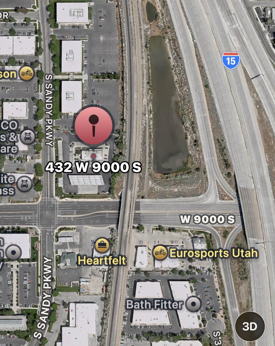 Satellite map with a red pin marking 432 W 9000 S near Interstate 15 in Sandy, Utah.
