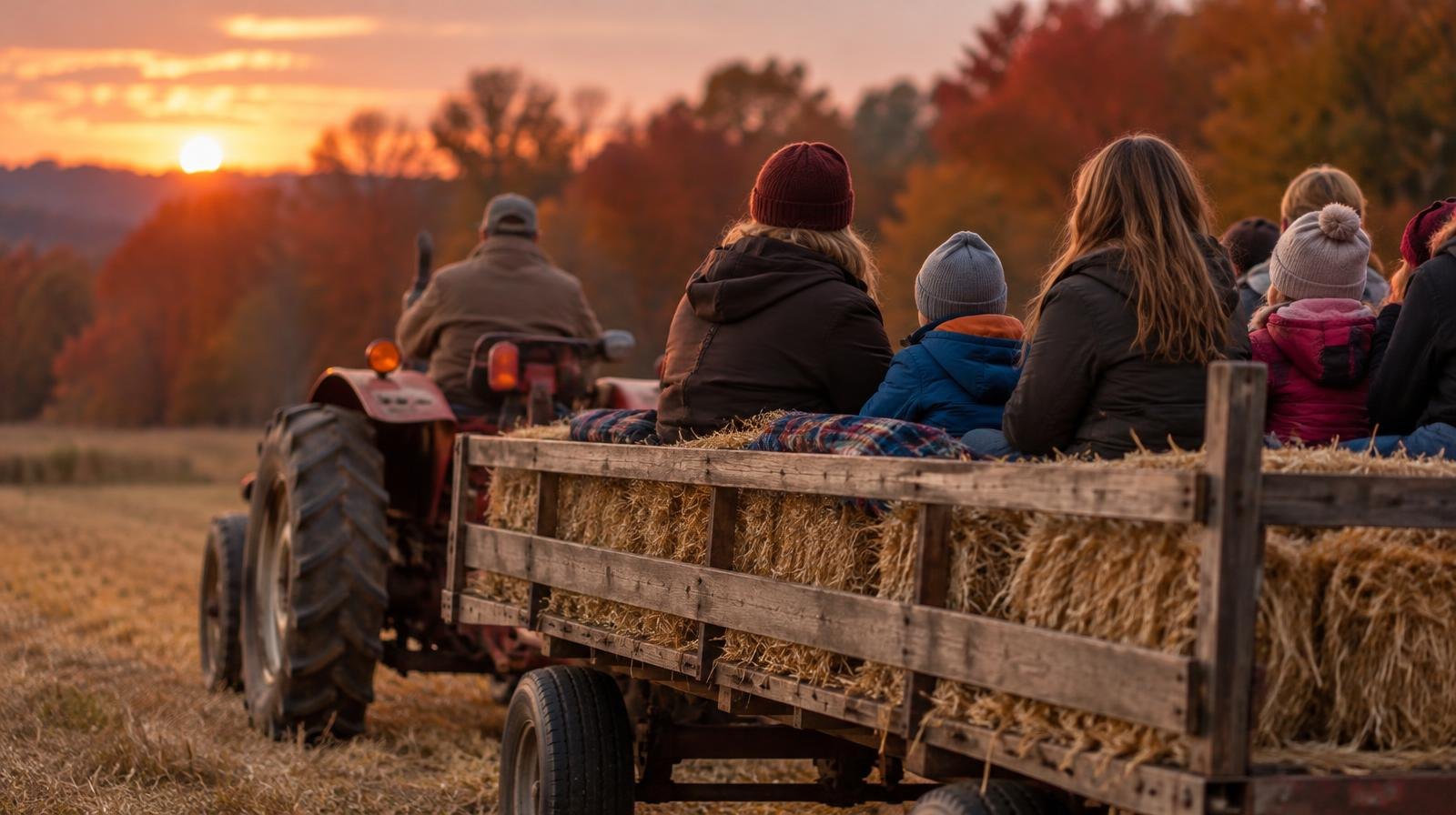 Hay wagon pulled by a tractor through a colorful autumn field at dusk.