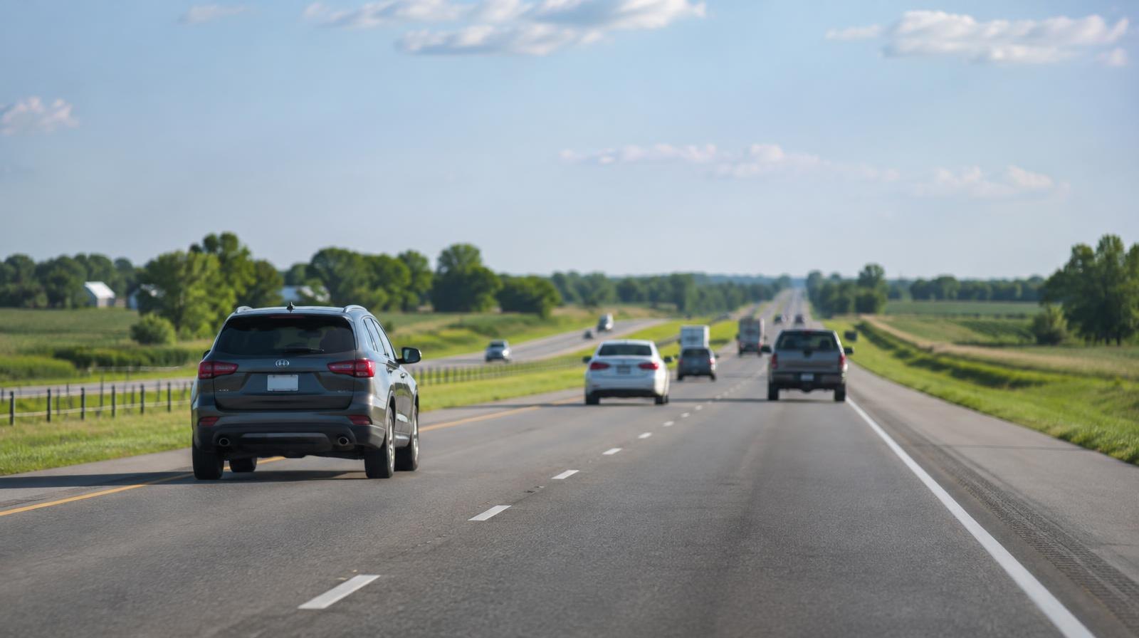 A wide multi-lane highway stretching toward the horizon through flat green farmland.