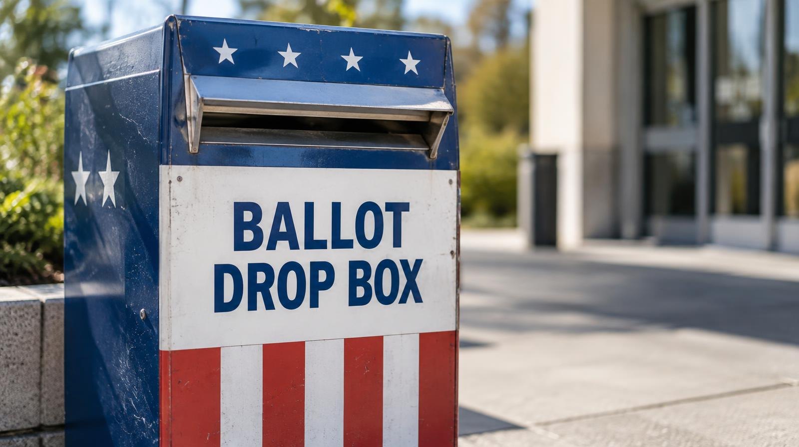 Red, white, and blue ballot drop box on a sunny sidewalk outside a public building.