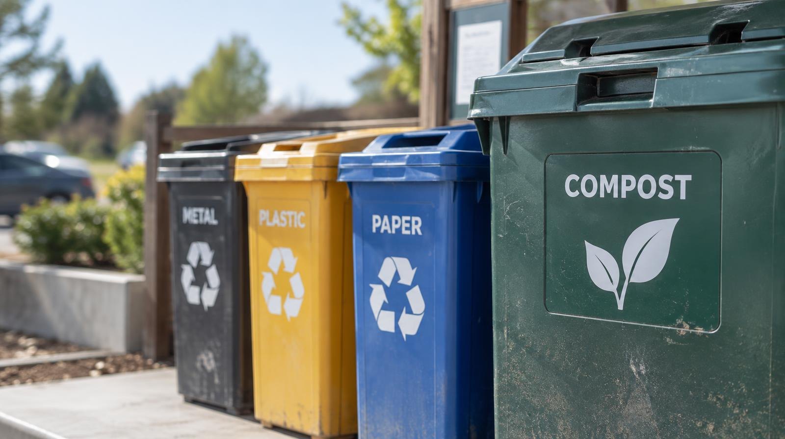 Row of colorful recycling and compost bins at an outdoor drop-off station.
