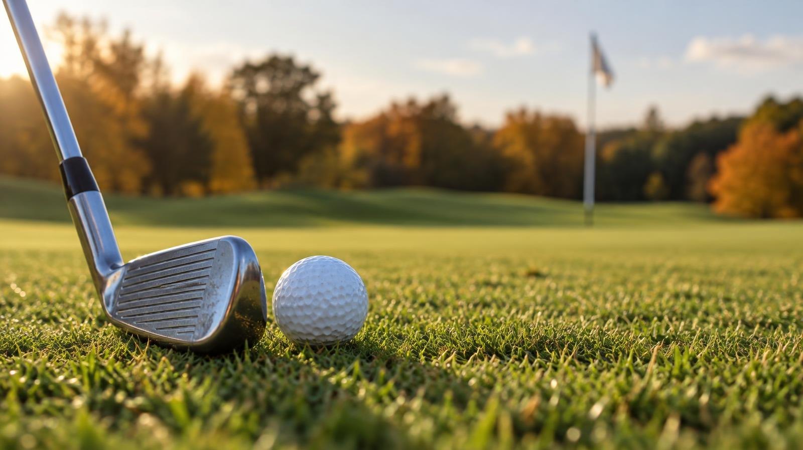 A golf club iron resting beside a white golf ball on a closely mown fairway.
