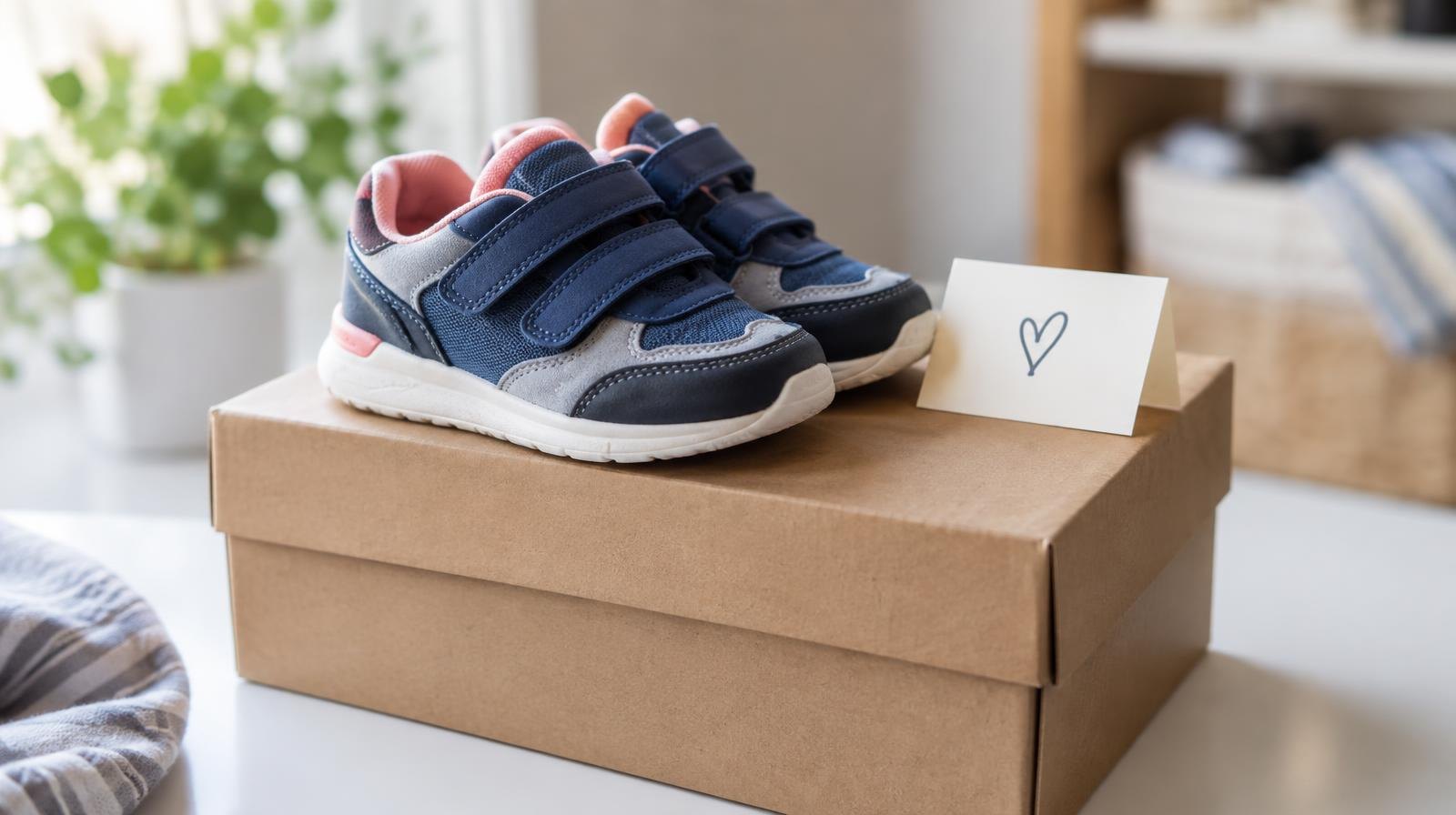 New children's sneakers on a cardboard shoe box with a handwritten note beside them.