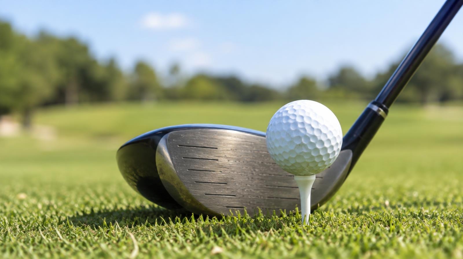 Golf ball on a white tee in short green grass with a club head behind it.