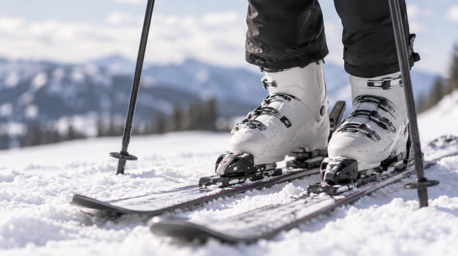 Ski boots clipped into alpine skis resting in fresh snow with poles nearby.