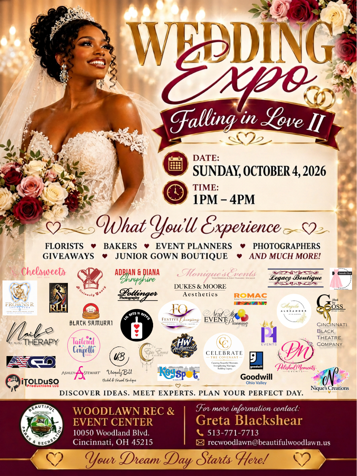 Promotional flyer for a wedding expo featuring a bride in a white gown and tiara.